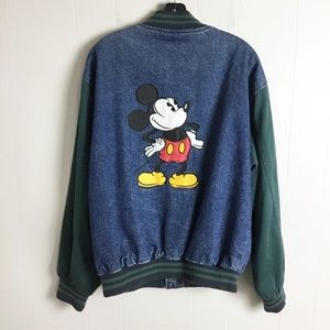 Vintage Disney Mickey Mouse Jean Jacket With Green Sleeves Size M-L Unisex